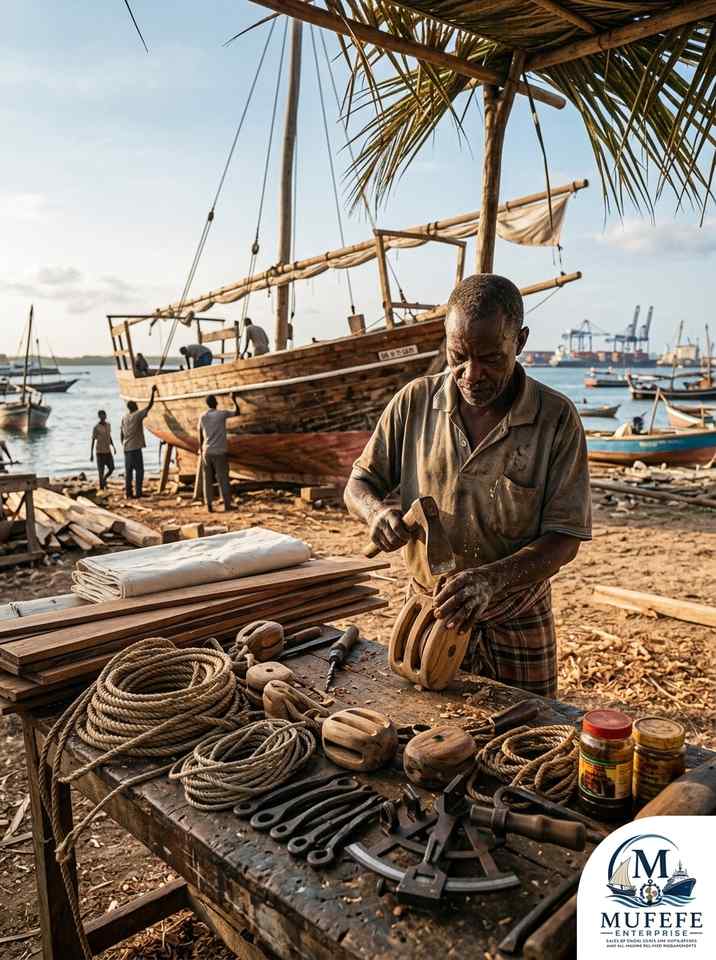 A traditional dhow boatbuilder hand-carving a wooden pulley block on the Kenyan coast