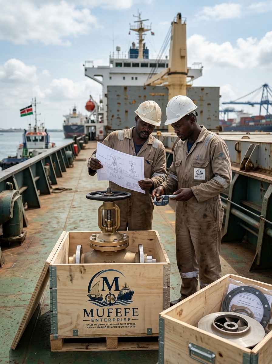 Marine engineers reviewing a blueprint for a ship valve installation at the port of Mombasa