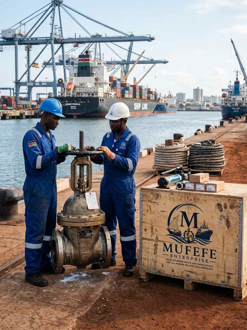 Two workers servicing a large valve at the port
