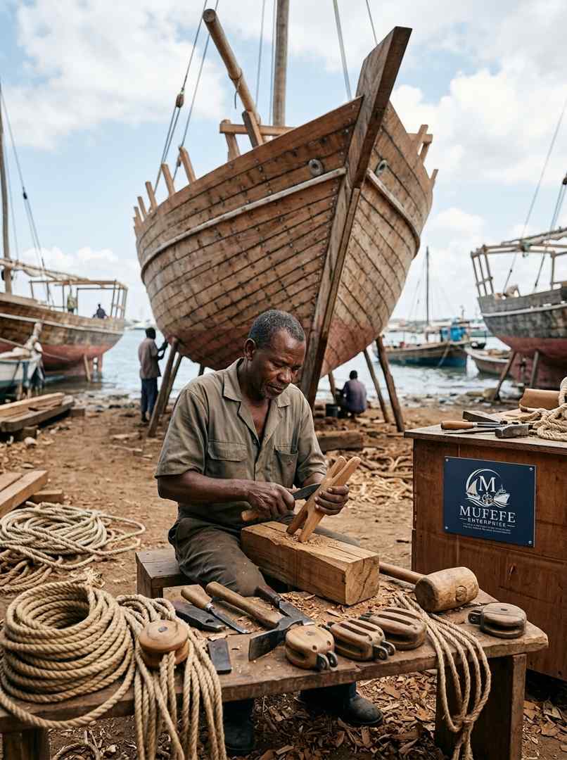 A craftsman shaping timber among beached dhow boats on the East African coast