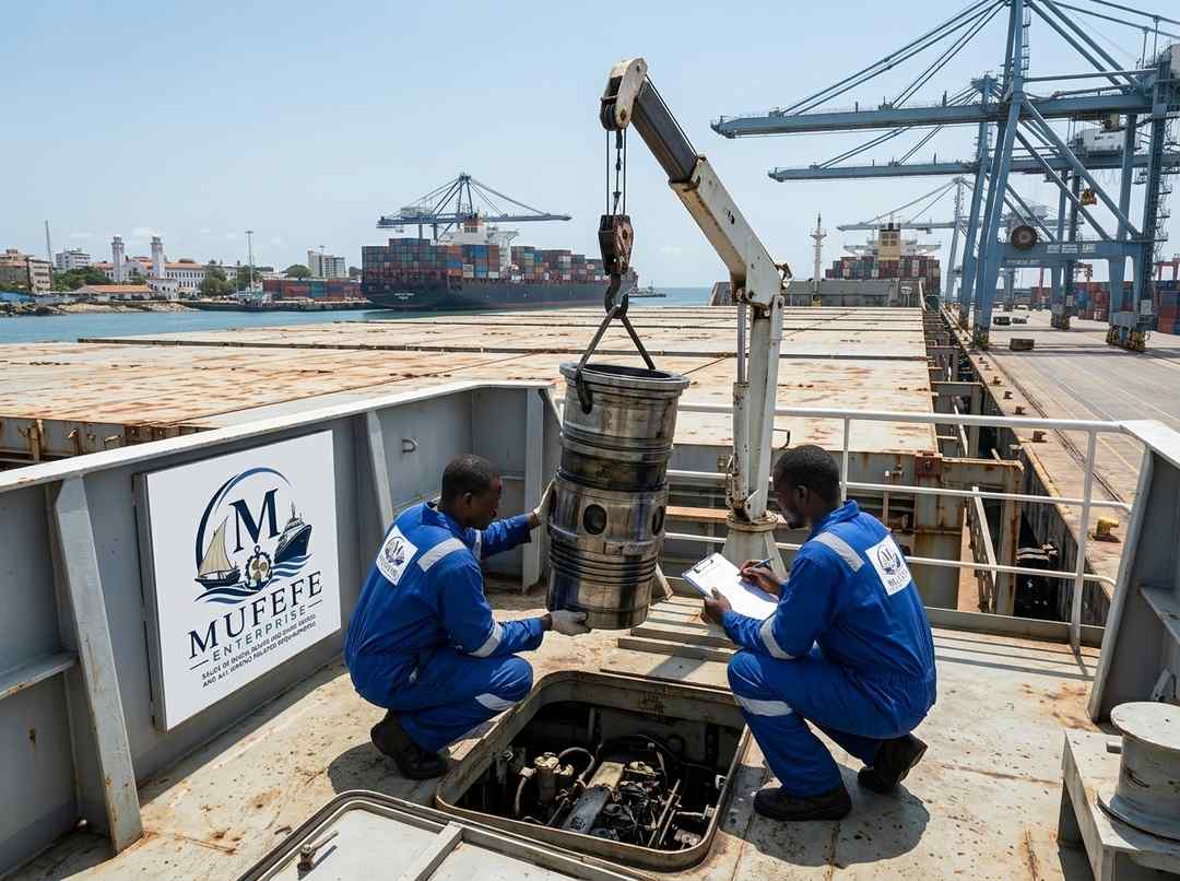 Crane lifting an engine piston on deck