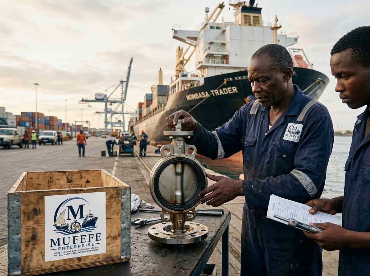 Examining a valve near the Mombasa Trader vessel
