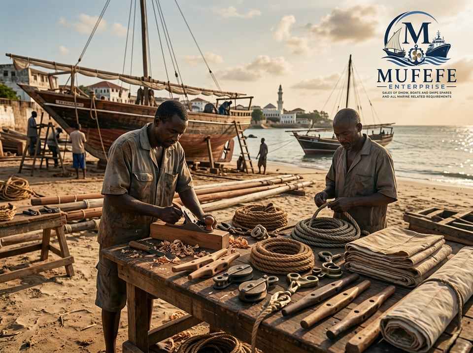 Beachside ropework and traditional tools laid out beside dhows on the Mombasa coast